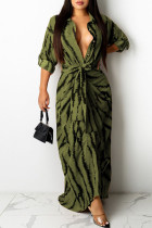 グリーンファッションセクシーなプリントパッチワークターンダウンカラーワンステップスカートドレス