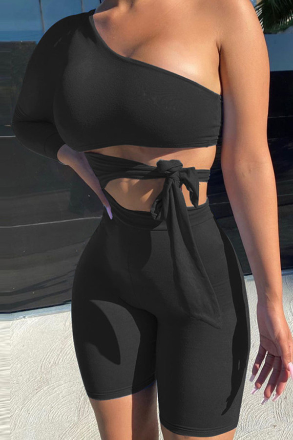 Schwarze Mode Sportswear Solid Frenulum One Shoulder Langarm Zweiteiler