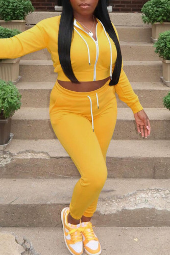 Yellow Casual Zipper Hooded Collar Long Sleeve Crop Jackets And Skinny Pants Two Pieces Sweatsuit Sets