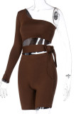 Coffee Fashion Sportswear Solid Frenulum One Shoulder Long Sleeve Two Pieces
