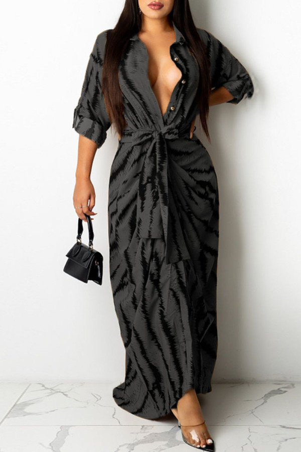 Серый модный сексуальный принт в стиле пэчворк с отложным воротником, одноступенчатые юбки, платья