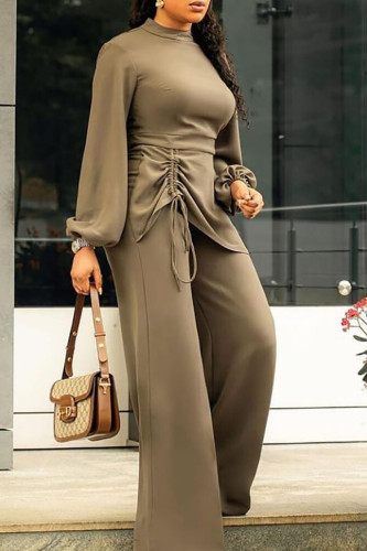 Army Green Fashion Casual Solid Patchwork O Neck Jumpsuits