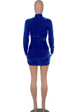 Blue Sexy Solid Patchwork See-through Mandarin Collar One Step Skirt Dresses
