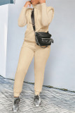 Абрикосовый модный повседневный однотонный лоскутный воротник с капюшоном без рукавов из двух предметов