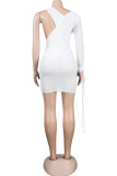 White Fashion Sexy Solid Patchwork V Neck One Step Skirt Dresses