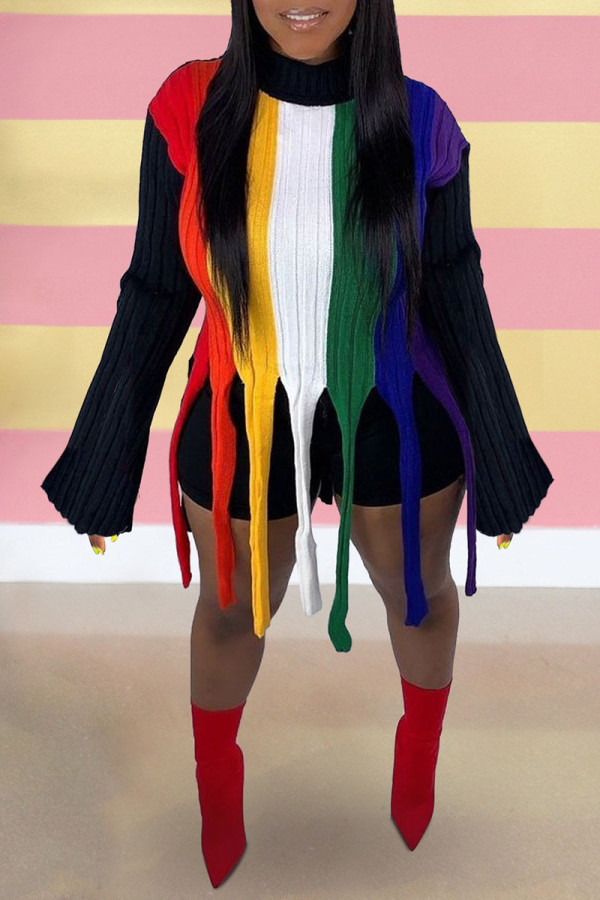 Цветные модные уличные полосатые топы с кисточками в стиле пэчворк и круглым вырезом