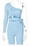 Blue Fashion Sportswear Solid Frenulum One Shoulder Long Sleeve Two Pieces