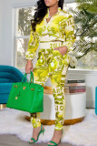 グリーンファッションカジュアルプリントベーシックジッパーカラー長袖ツーピース