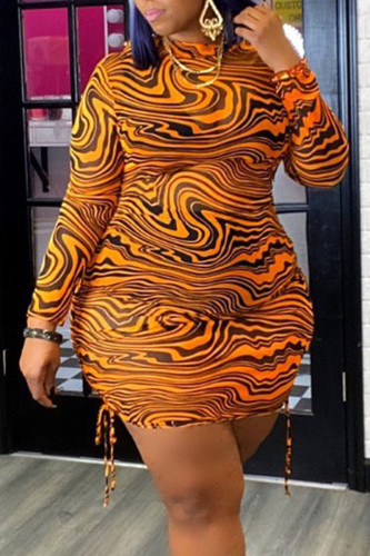Jupe crayon à col rond plissée en Patchwork imprimé Sexy marron, robes de grande taille