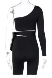 Black Fashion Sportswear Solid Frenulum One Shoulder Long Sleeve Two Pieces