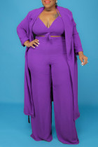 Conjunto de tres piezas de talla grande con cuello en V y vendaje sólido casual de moda púrpura