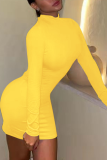 Vestidos saia lápis amarelo sexy sem costas e gola alta