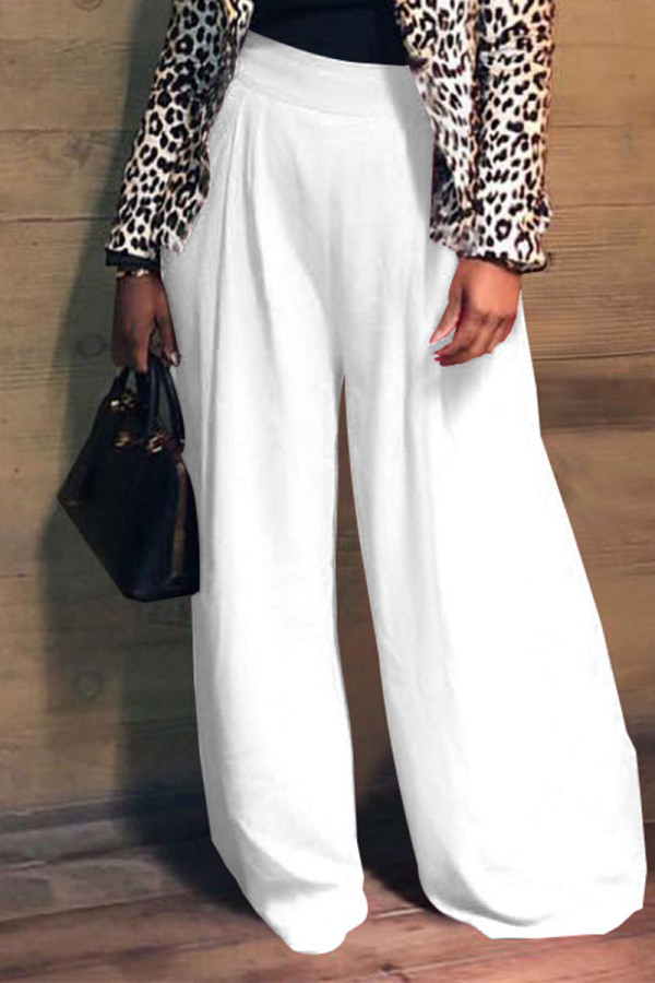 Pantalones blancos elegantes de parches lisos con pliegues rectos de cintura alta y pierna ancha de color liso