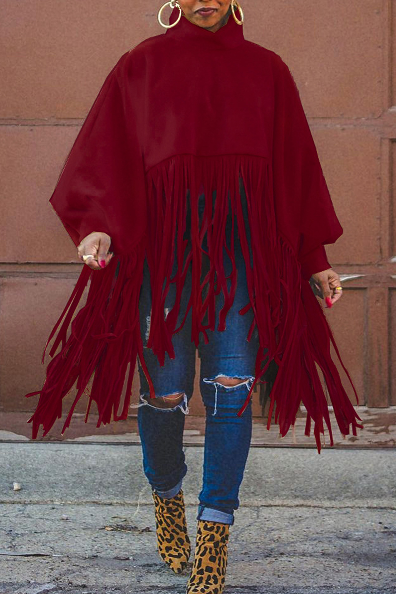 

Burgundy Fashion Vintage Solid Tassel Turtleneck Plus Size Overcoat