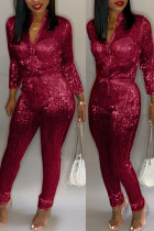 Red Fashion street Solid Long Sleeve O Neck Jumpsuits