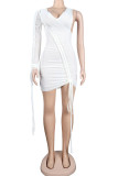 White Fashion Sexy Solid Patchwork V Neck One Step Skirt Dresses