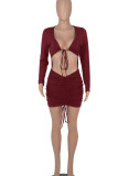 Burgundy Sexy Solid Hollowed Out Split Joint Draw String Fold V Neck Pencil Skirt Dresses