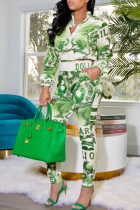 Groene Mode Casual Print Basic Rits Kraag Lange Mouw Twee Stukken