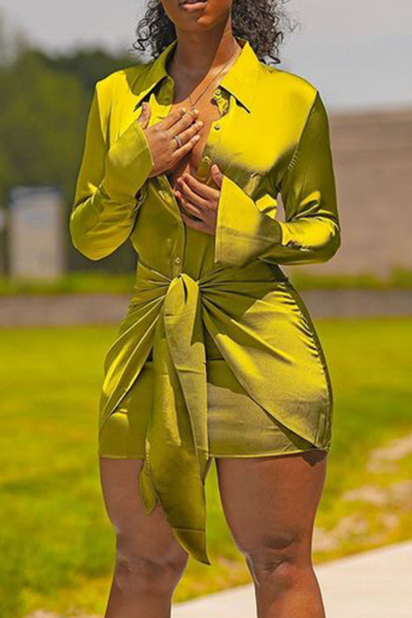 Goud Casual effen bandage patchwork knopen vouw kraag overhemdjurk jurken