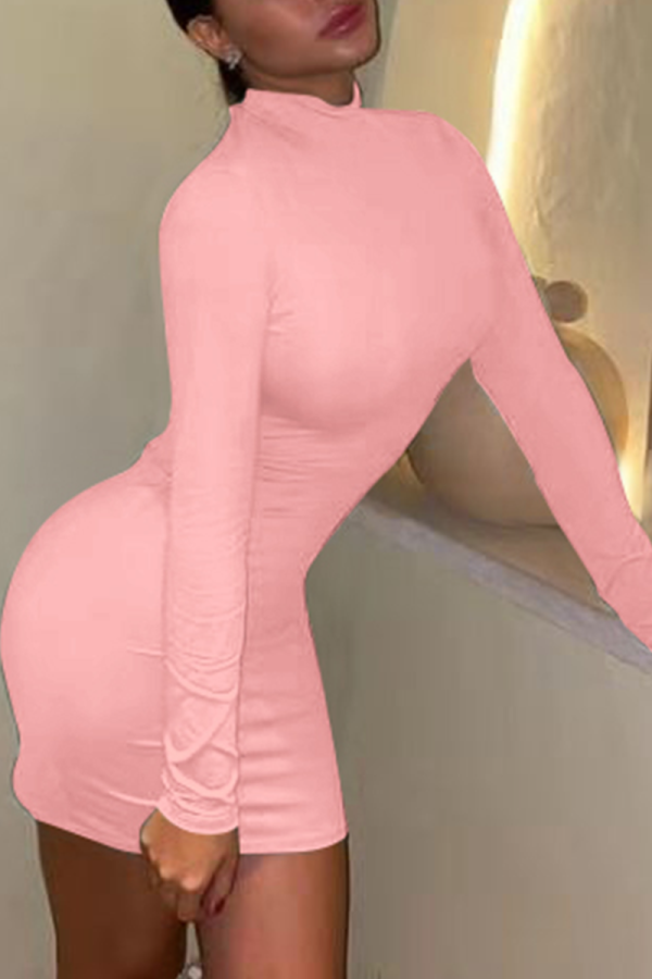 Vestidos de saia lápis rosa sexy sem costas e gola alta