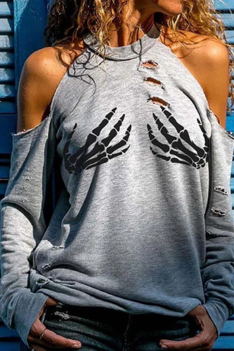Grey Fashion Casual Print Split Joint O Neck Tops