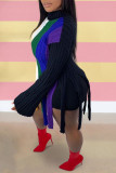 Colour Fashion Street Striped Tassel Patchwork O Neck Tops