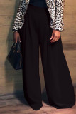 Negro elegante de patchwork liso pliegue recto cintura alta pierna ancha pantalones de color sólido
