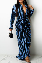 Bleu Noir Fashion Sexy Print Patchwork Turndown Collar One Step Jupe Robes