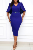 Blue Casual Solid Patchwork V Neck Pencil Skirt Plus Size Dresses
