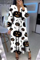 Black And White Casual Print Patchwork V Neck Cake Skirt Dresses