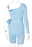 Moda azul Sportswear Frenulum sólido um ombro manga longa duas peças