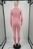 Roze Mode Casual Patchwork Afdrukken Rits Kraag Lange Mouw Twee Stukken