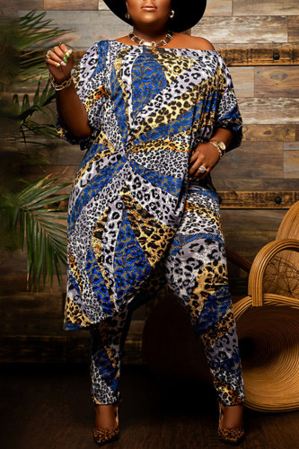 Leopard Print Fashion Casual Print Asymmetrical Off the Shoulder Plus Size Two Pieces