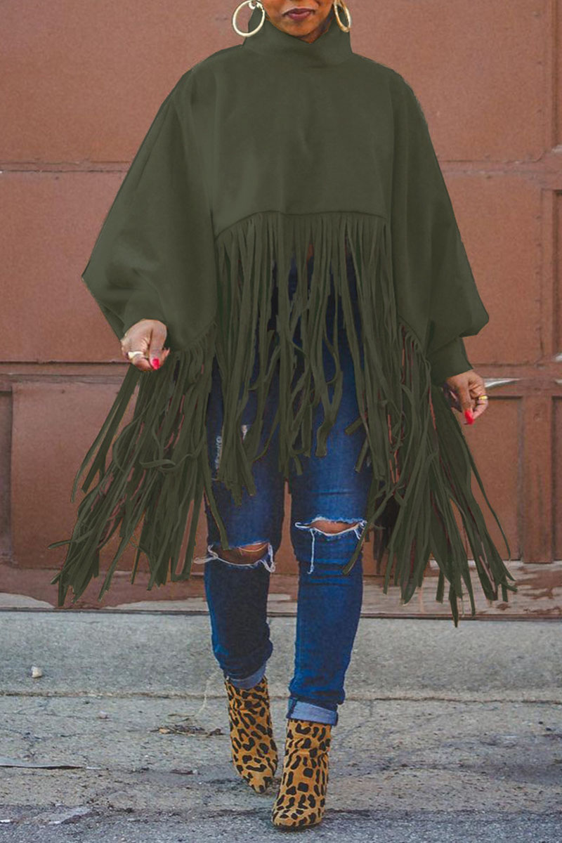 

Army Green Fashion Vintage Solid Tassel Turtleneck Plus Size Overcoat