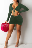 Army Green Sexy Solid Hollowed Out Split Joint Draw String Fold V Neck Pencil Skirt Dresses