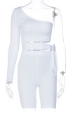 Weiße Mode Sportswear Solid Frenulum One Shoulder Langarm Zweiteiler
