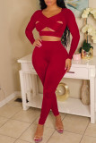 Red Sexy Solid Hollowed Out Patchwork V Neck Long Sleeve Two Pieces
