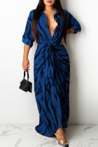 Синий модный сексуальный принт в стиле пэчворк с отложным воротником, одноступенчатые юбки, платья