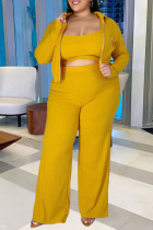 Gelbe Mode-Sportbekleidung, einfarbig, Patchwork-Kapuzenkragen, Übergröße, dreiteilig