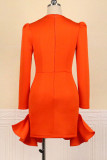 オレンジファッションセクシーなソリッドパッチワーク V ネックラップスカートドレス