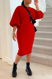 赤 カジュアル ソリッド パッチワーク Oネック ストレート ドレス