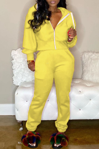 Yellow adult Casual Fashion Zippered Two Piece Suits Solid pencil Long Sleeve
