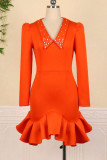 オレンジファッションセクシーなソリッドパッチワーク V ネックラップスカートドレス