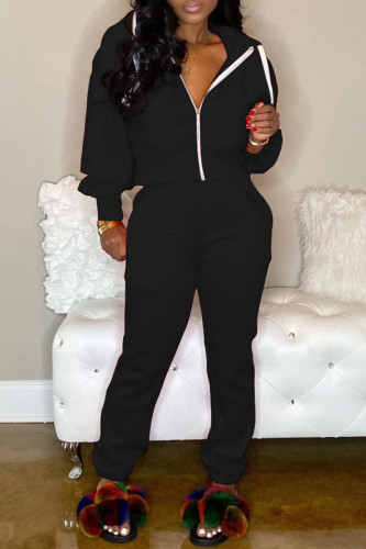 Black adult Casual Fashion Zippered Two Piece Suits Solid pencil Long Sleeve