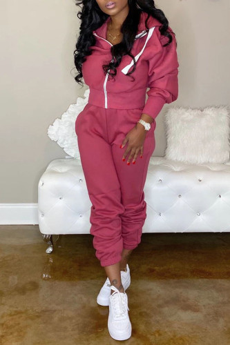 rose red adult Casual Fashion Zippered Two Piece Suits Solid pencil Long Sleeve