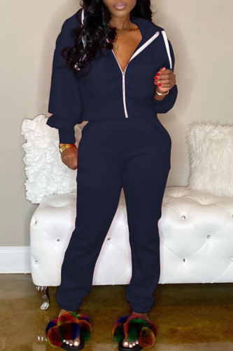 Navy Blue adult Casual Fashion Zippered Two Piece Suits Solid pencil Long Sleeve