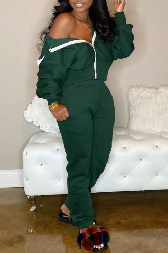 Army Green adult Casual Fashion Zippered Two Piece Suits Solid pencil Long Sleeve