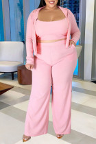 Rosa Mode-Sportbekleidung, einfarbig, Patchwork-Kapuzenkragen, Übergröße, dreiteilig