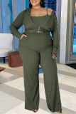 Armée vert vêtements de mode mode solide Patchwork col à capuche grande taille trois pièces
