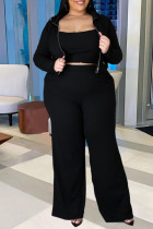 Schwarze Mode-Sportbekleidung, einfarbig, Patchwork-Kapuzenkragen, Übergröße, dreiteilig